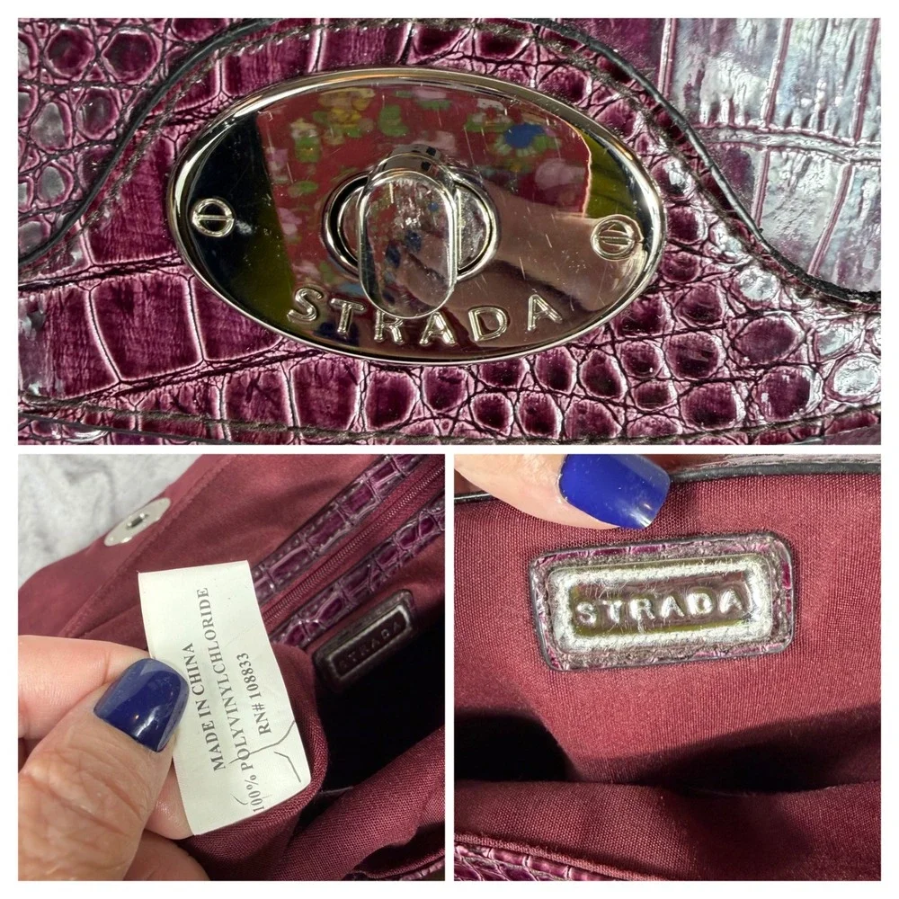 Vtg Y2K Strada Satchel Handbag Maroon Crocodile Shoulder Bag Pocket Organizer